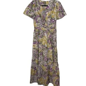 Anthropologie Somerset Purple Yellow Floral Print Short Sleeve Maxi Dress small